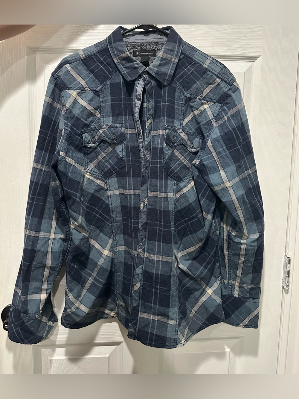 Men's Blue Plaid Button-Up Shirt - Classic Casual size L